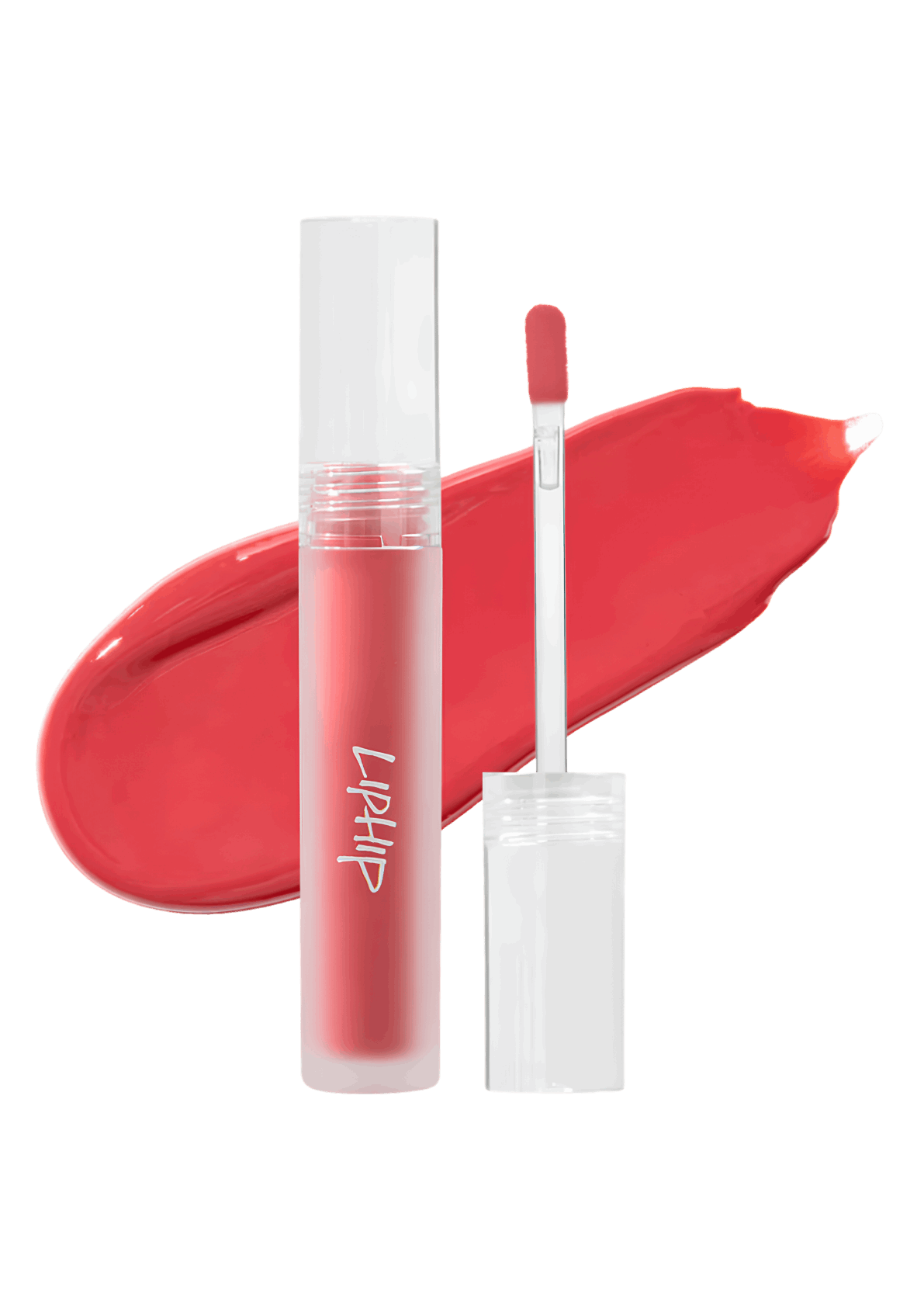 Lipstick with applicator and swatch on a white background